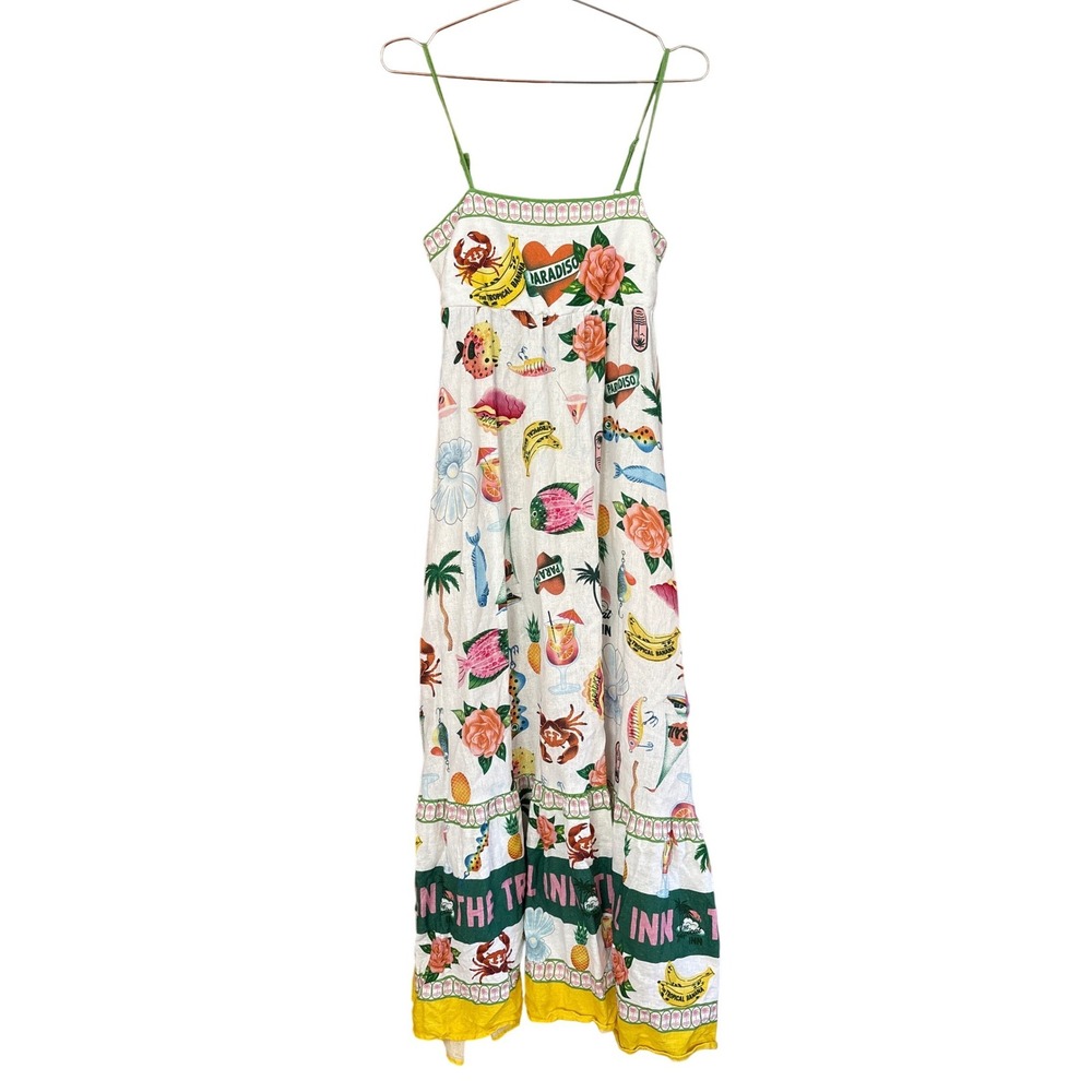 Rachel Zoe Maxi Dress Women White Tropical Print Linen‎ Blend Excellent SIZE XS